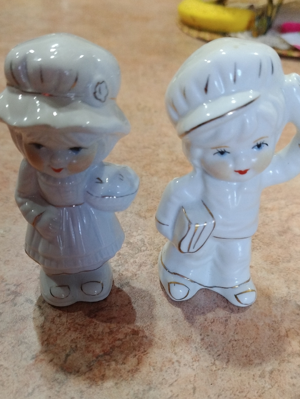 Vintage Porcelain Boy and Girl Figurines - White with Gold Trim
